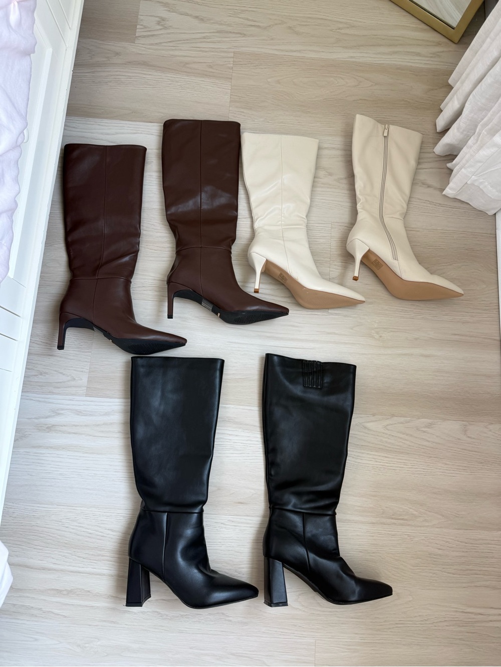 3x Knee-High Pointed-Toe Stiletto Boots - Black, Brown, Cream